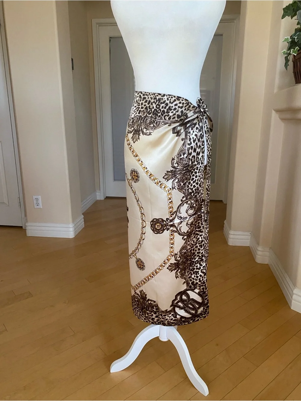 Cream Brown Gold Chain Medallion Print Scarf Wrap Top